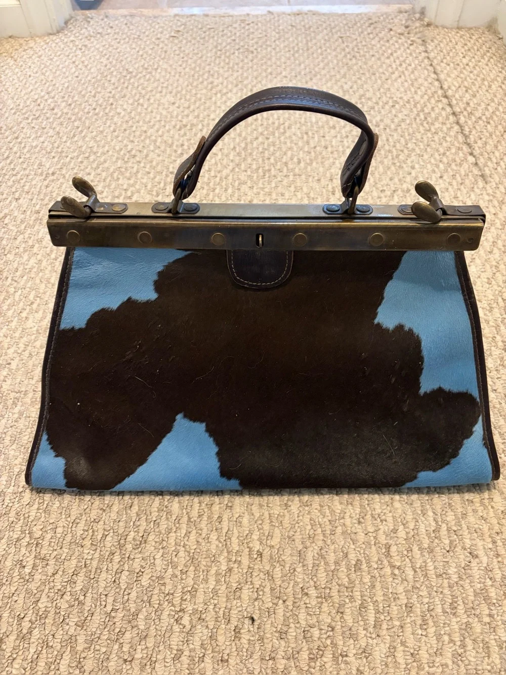 Cowhide Frame Top-Handle Bag in Blue and Black - Picture 1 of 5